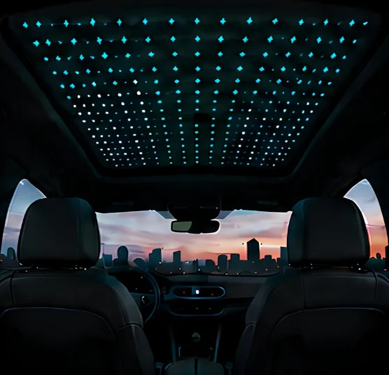 A car panoramic roof glowing with points of EL light