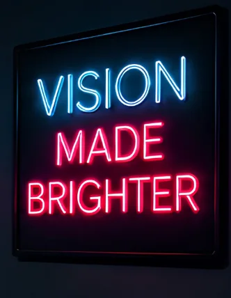 A sign reading “Vision made brighter” in glowing EL wire
