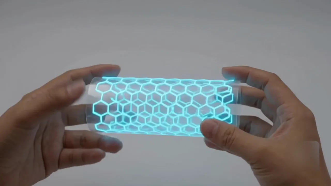 A flexible STYELIGHTS™ panel glowing with a hexagon pattern, held in two hands