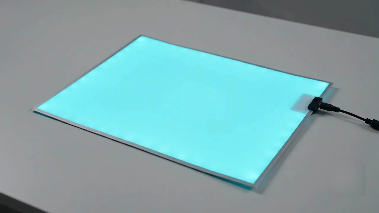 A STYELIGHTS™ Semi-Rigid panel glowing aqua on a table