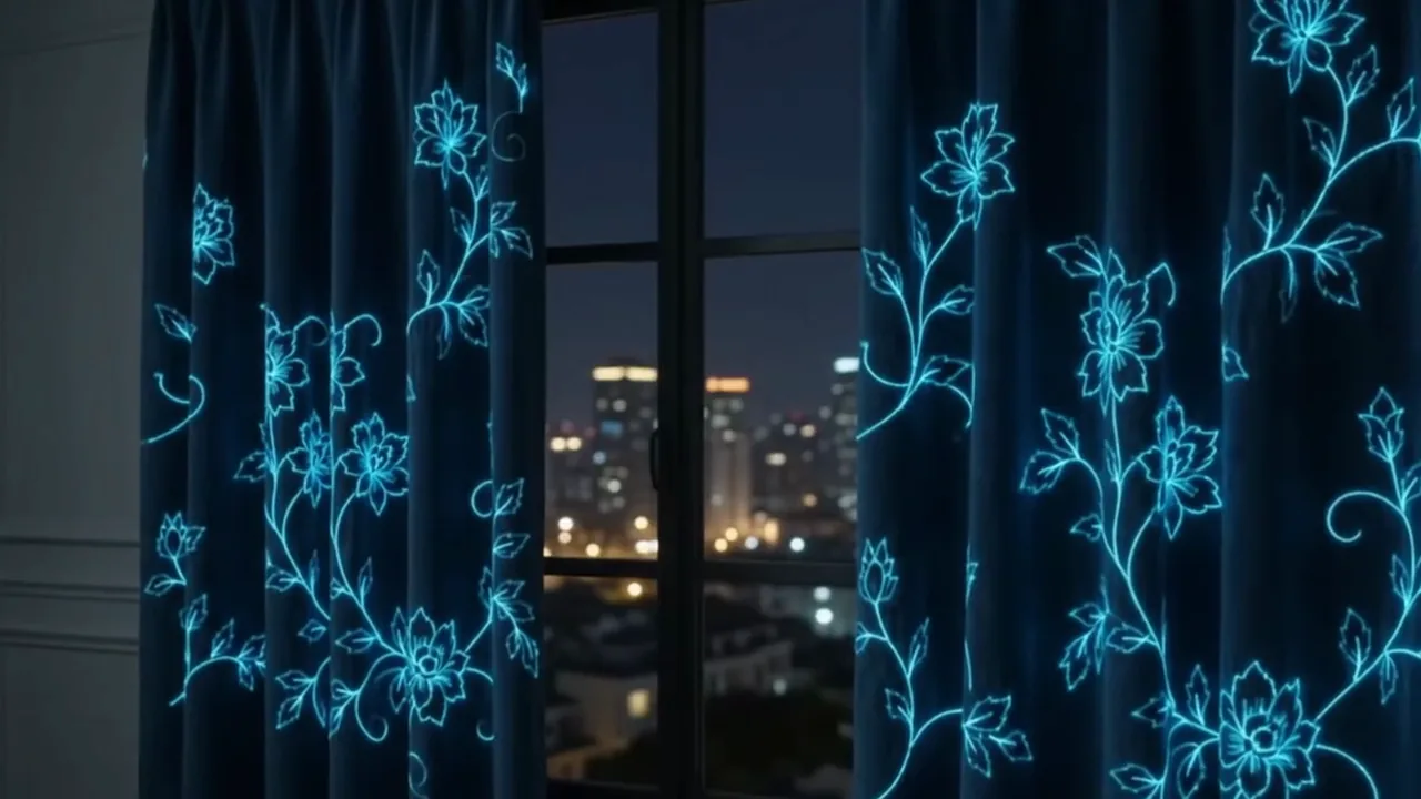 Curtains embroidered with glowing STYELIGHTS™ Thread vines at night