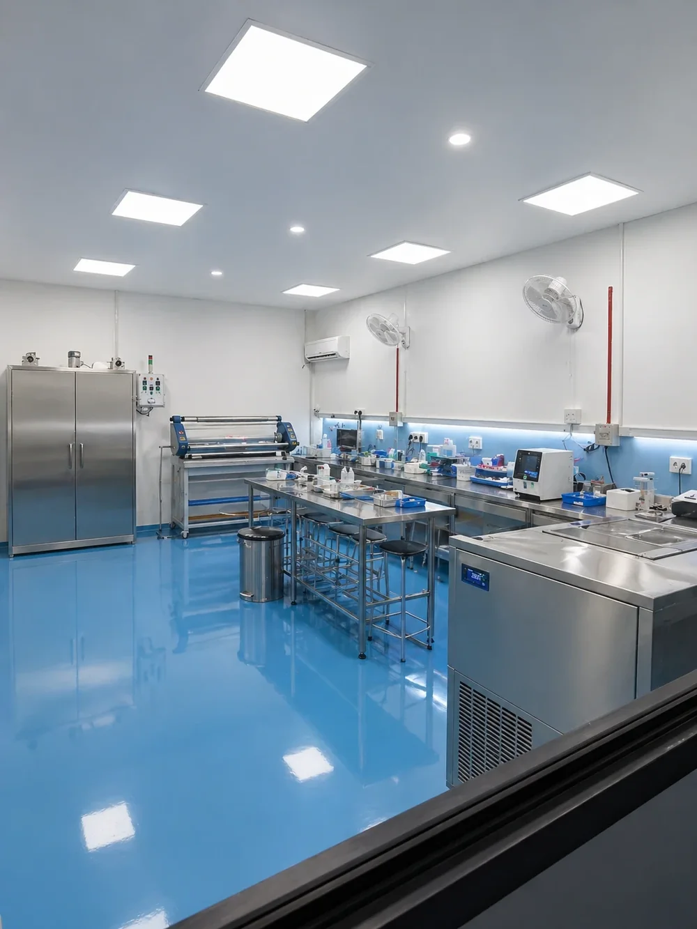 The empty clean room with laminator, stainless-steel benches and a curing unit