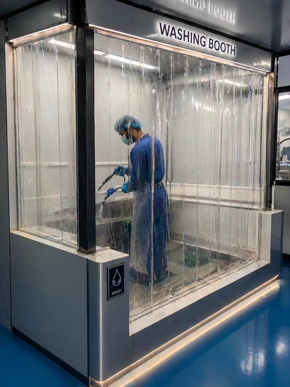A technician in protective gear cleaning equipment inside a curtained washing booth