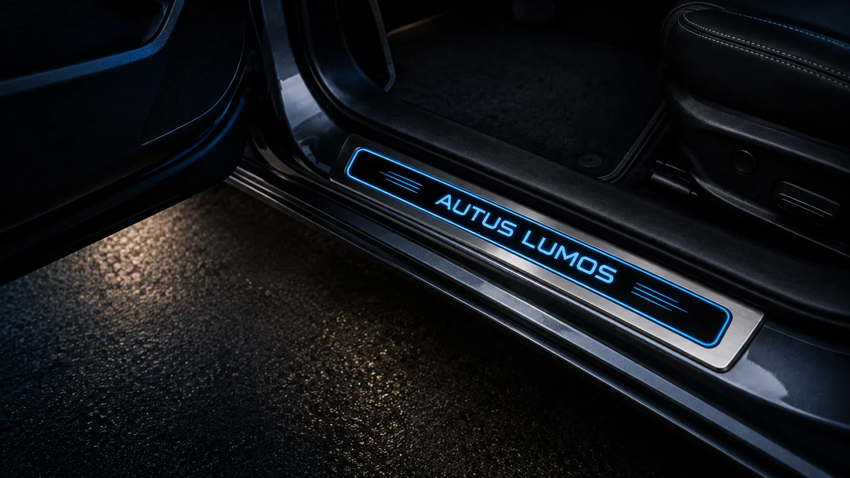 A car door sill glowing with an illuminated Autus Lumos logo