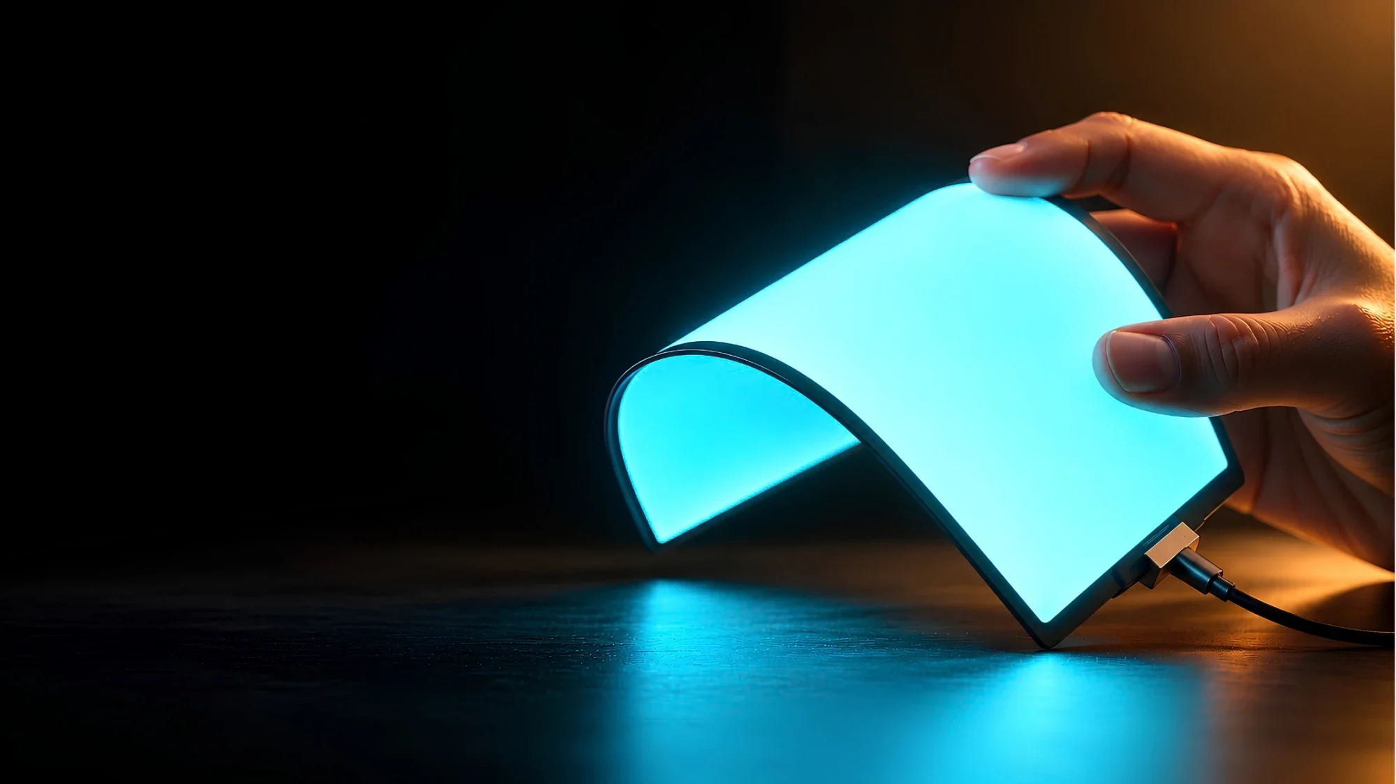 A hand bending a thin, flexible STYELIGHTS™ EL panel glowing cyan