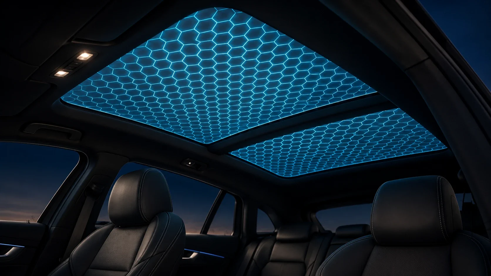 A car panoramic roof glowing with a cyan hexagon pattern of EL light