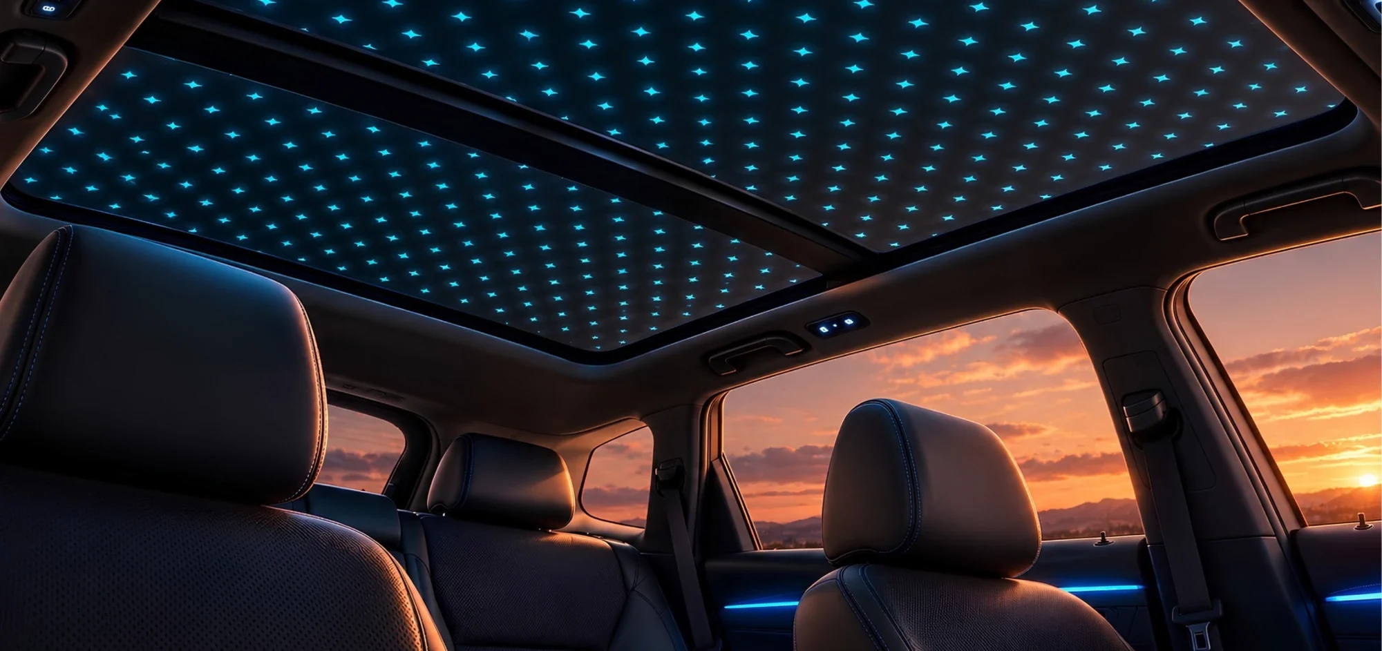 A car cabin at sunset under a roof glowing with a starry pattern of EL light