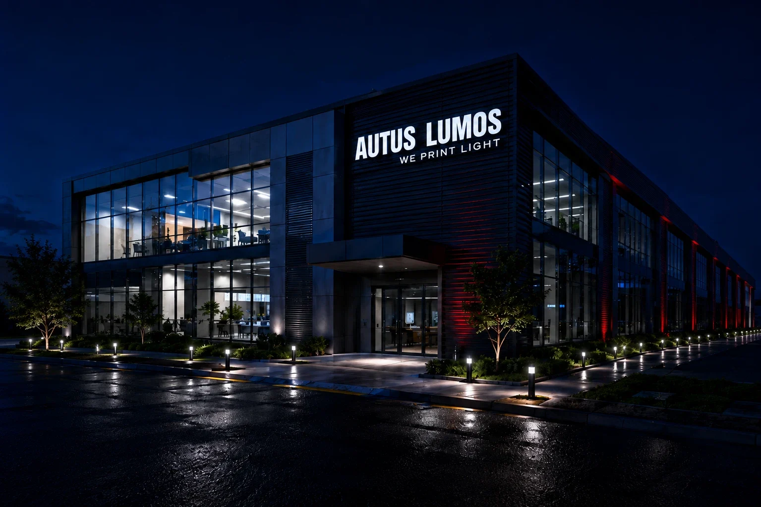 Concept: a large, modern Autus Lumos manufacturing campus at night