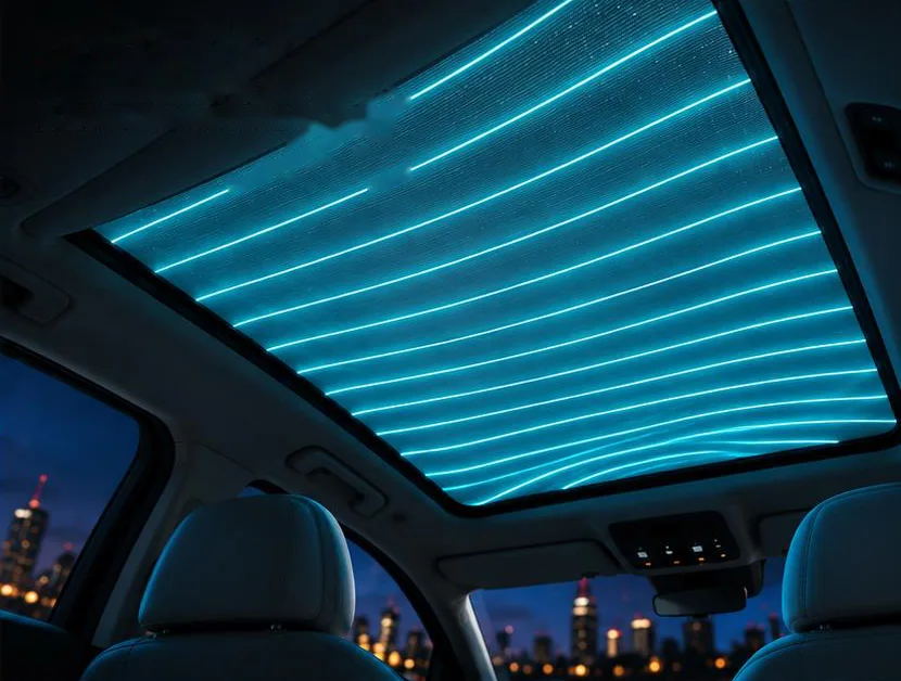 A car sunroof blind stitched with glowing EL thread at night