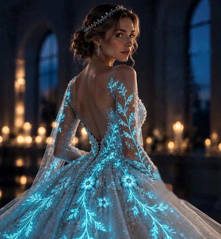 A bridal gown embroidered with glowing EL thread at night